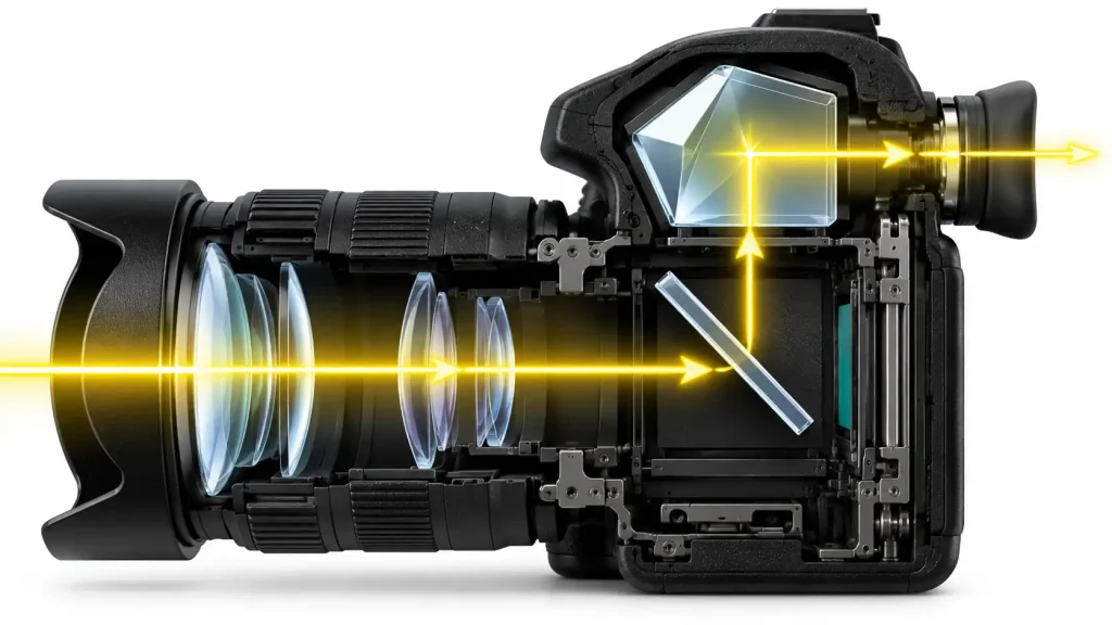 A bright beam of yellow light moves through a front lens.
