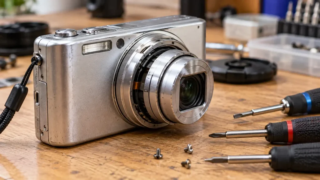 A broken compact camera with a stuck lens.