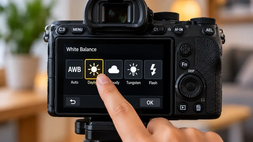 A close-up of a camera screen showing white balance settings icons like sun and cloud.
