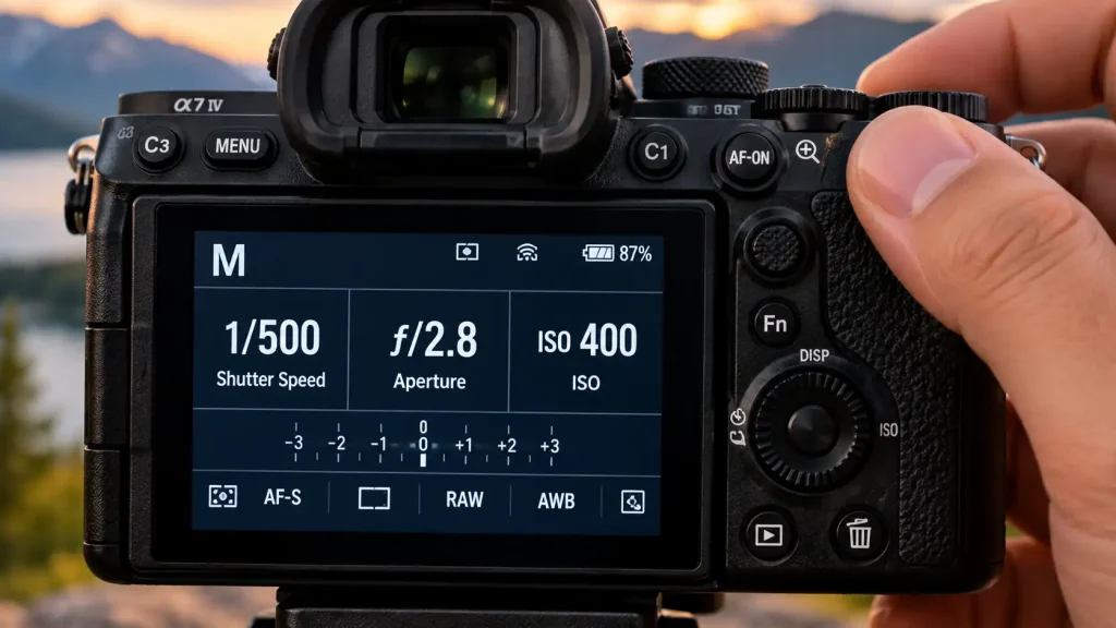 A close up of a digital camera screen showing exposure triangle settings for beginners.