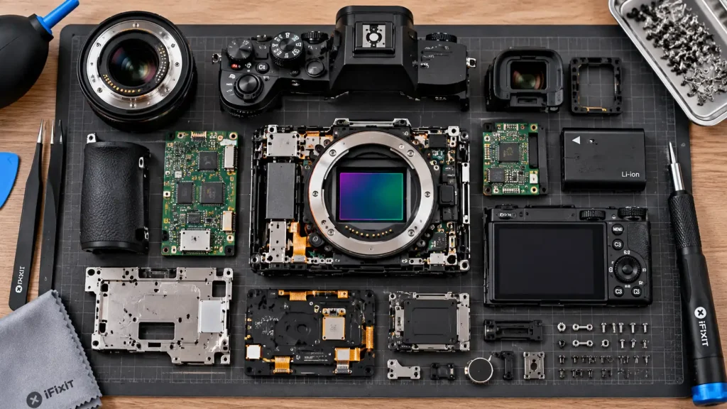 A disassembled digital camera showing the internal image sensor, processor board, and lens mount.
