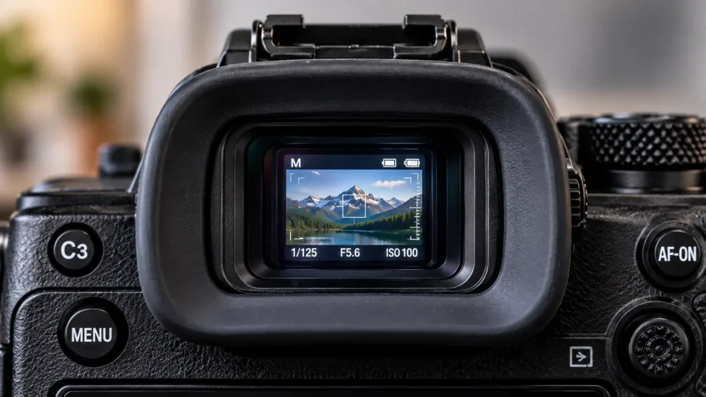 A macro photo looking directly into the square eyepiece of a mirrorless camera.