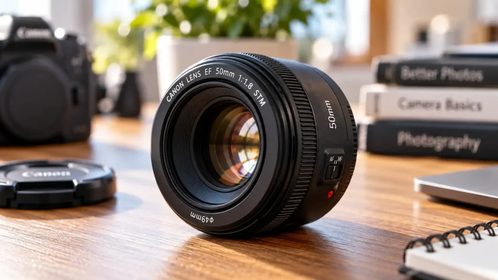 A modern camera lens sitting on a table showing a wide glass element.