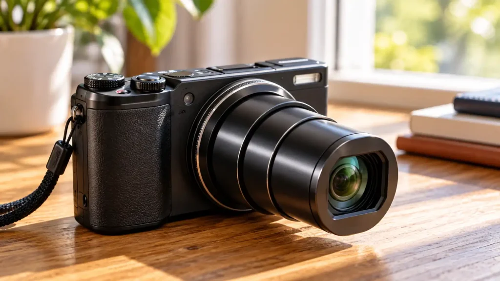 A person holding a small point and shoot camera.