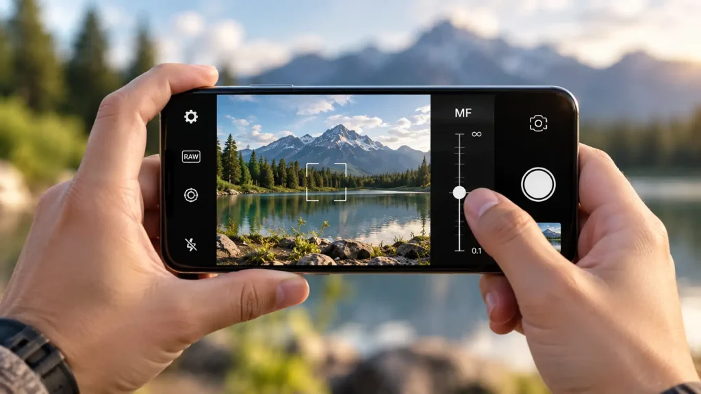 A person holding a smartphone horizontally, using a thumb to adjust a manual focus slider in a camera app