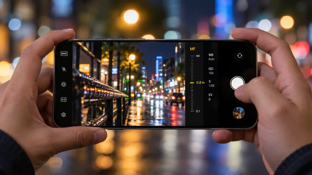 A person using a what is manual focus app on a smartphone screen