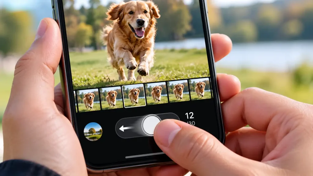 A person using what is camera burst mode on a modern smartphone screen.