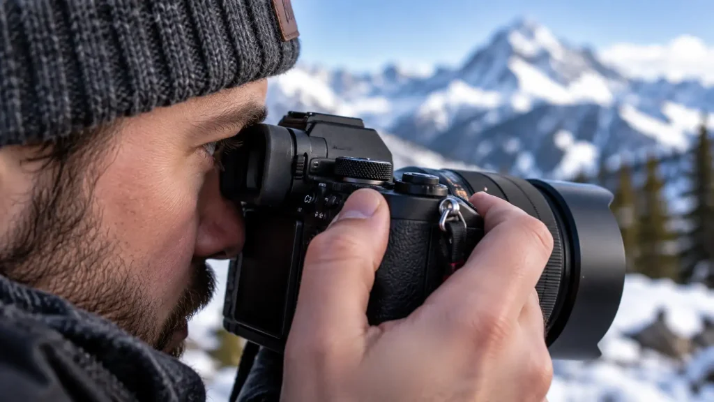 A point-of-view shot looking through an electronic viewfinder.