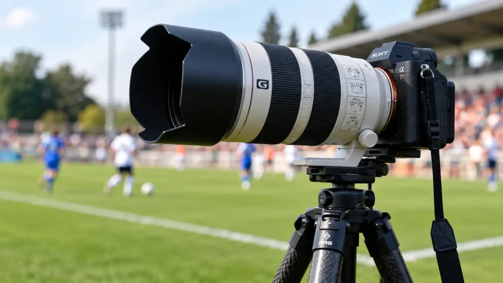 A professional mirrorless camera paired with a telephoto lens for action photography.