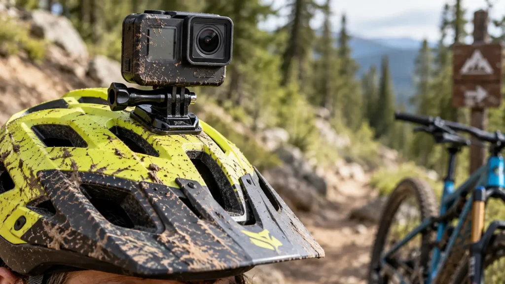 A rugged action camera mounted on a mountain bike helmet covered in mud.