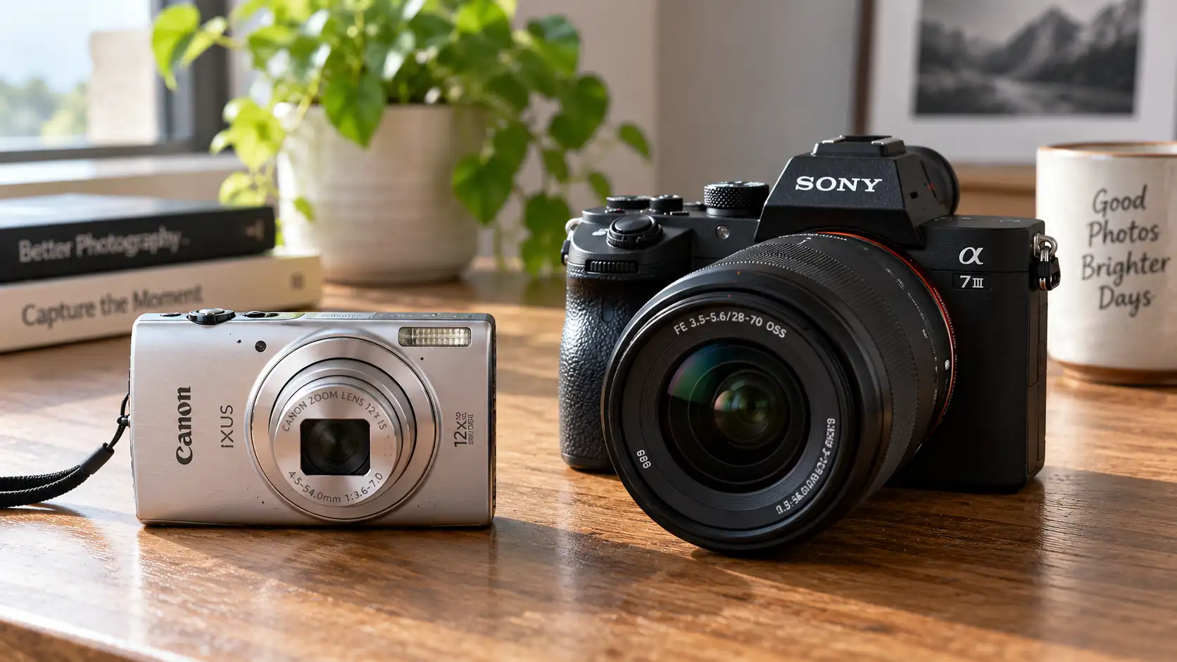 A small black compact camera next to a larger mirrorless camera with a zoom lens attached.