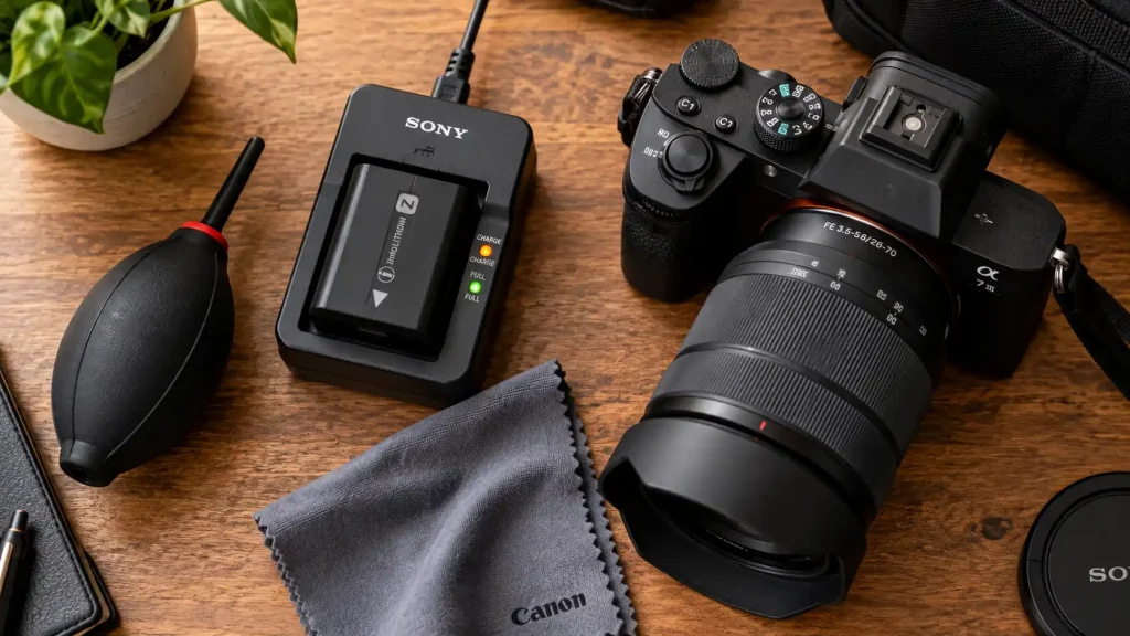 Always keep spare batteries and a silicone air blower in your camera bag.