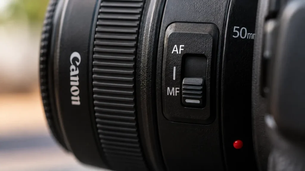Close up view of a canon lens showing the AF and MF switch set to manual focus mode.
