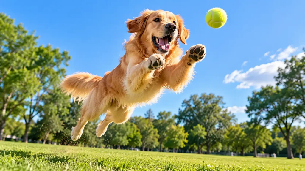 Crisp action shot of a dog catching a ball, taken with Burst mode iPhone 16. I