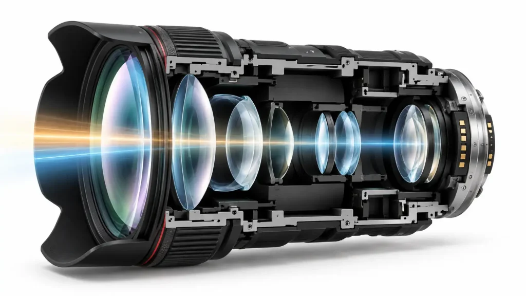 Cross-section diagram showing what is a camera lens and how camera lenses work to bend light.