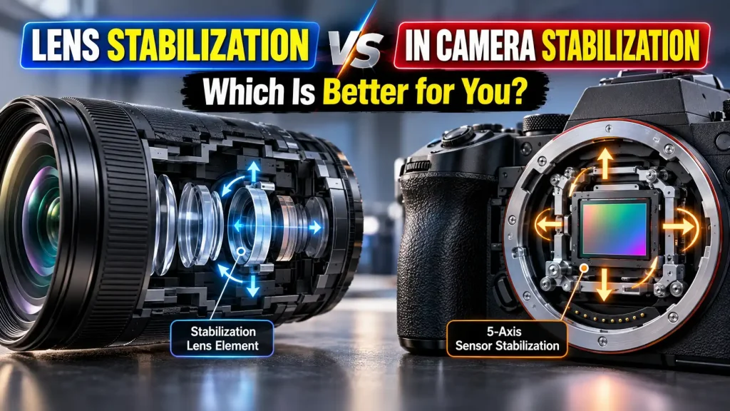 Diagram showing lens stabilization vs in camera stabilization mechanics.