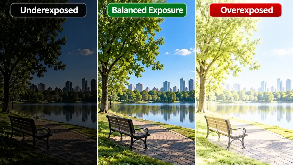 Exposure vs aperture comparison chart showing balanced and unbalanced photo lighting.