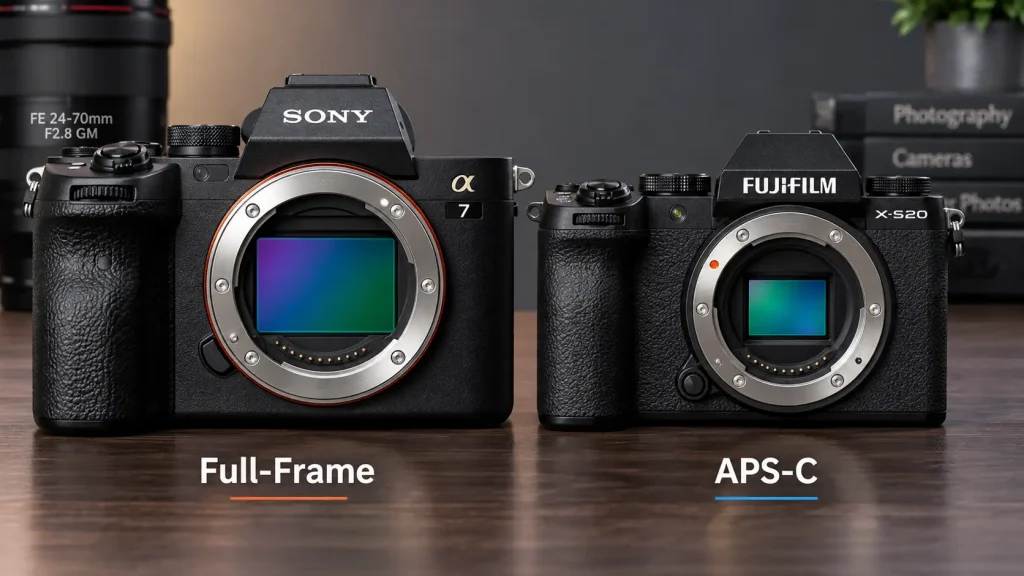 Full frame versus crop sensor camera comparison showing sensor size differences for low light photography.