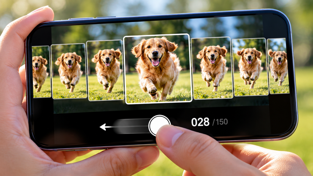 How to take burst photos on iPhone 16 by sliding the shutter button.
