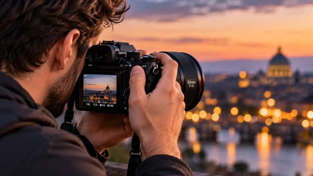 Photographer holding a camera comparing lens stabilization vs in camera stabilization setups.