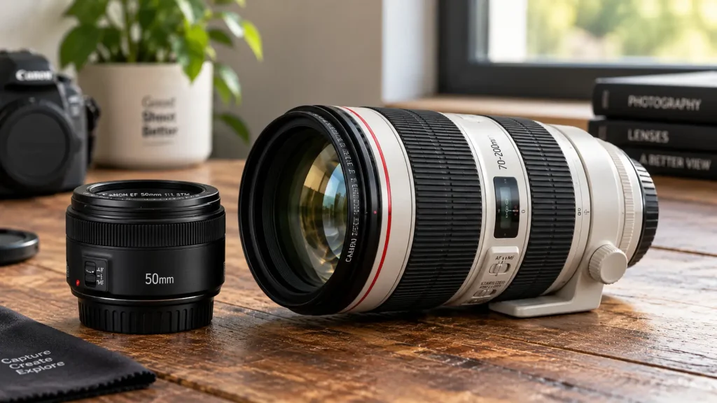 Side by side comparison of a prime lens vs zoom camera lens on a wooden table.