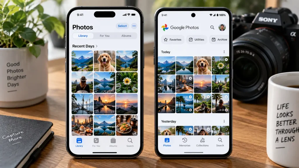 Side by side comparison of an iPhone camera roll and an Android photo gallery.