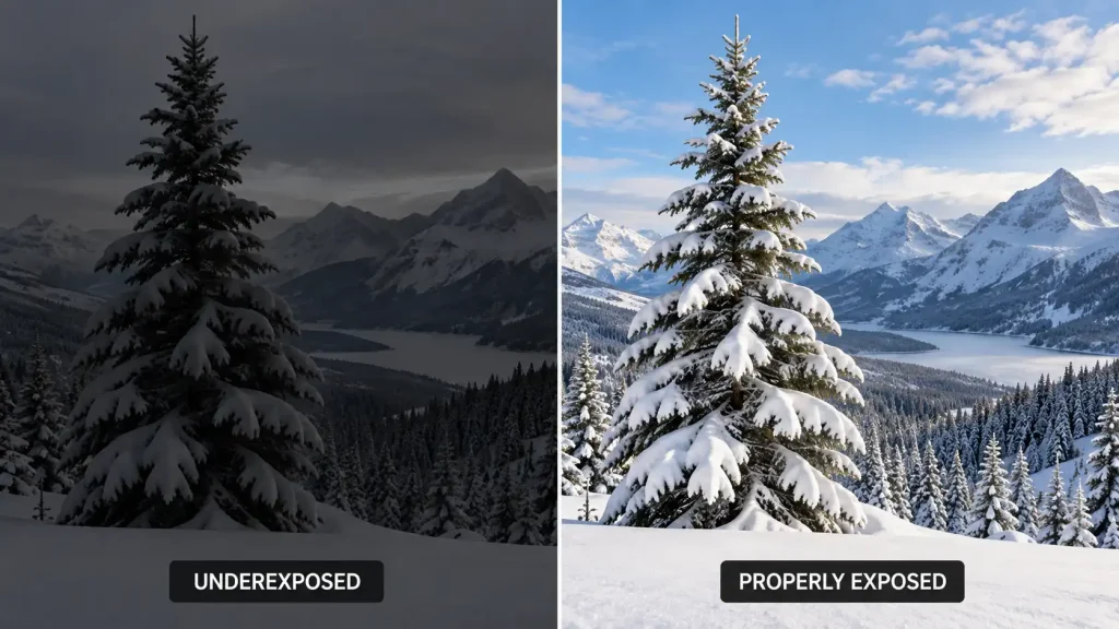 Side by side exposure compensation examples showing dark snow and bright white snow.