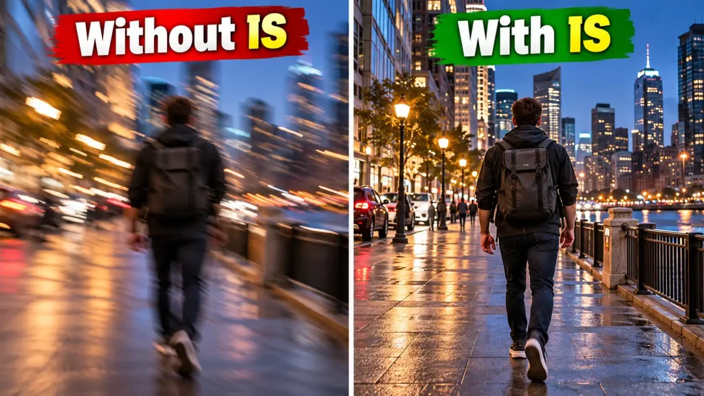 Split screen showing a blurry video frame and a clear video frame to prove image stabilization is necessary for video.