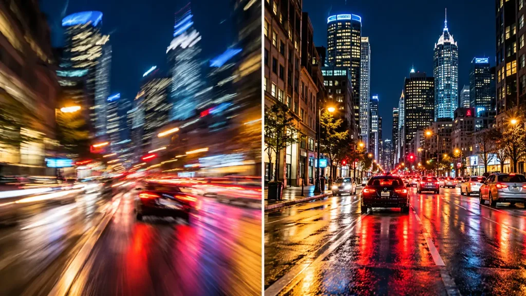 Split screen showing blurry photo next to sharp photo with shake fix.