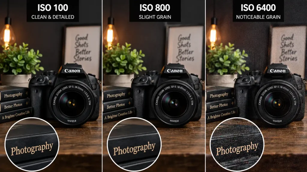 What is camera ISO noise comparison chart showing clean versus grainy photos.