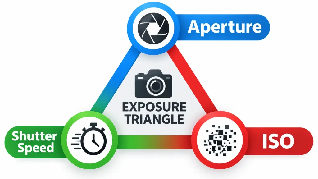 What is exposure triangle in photography diagram showing aperture, shutter speed, and ISO.