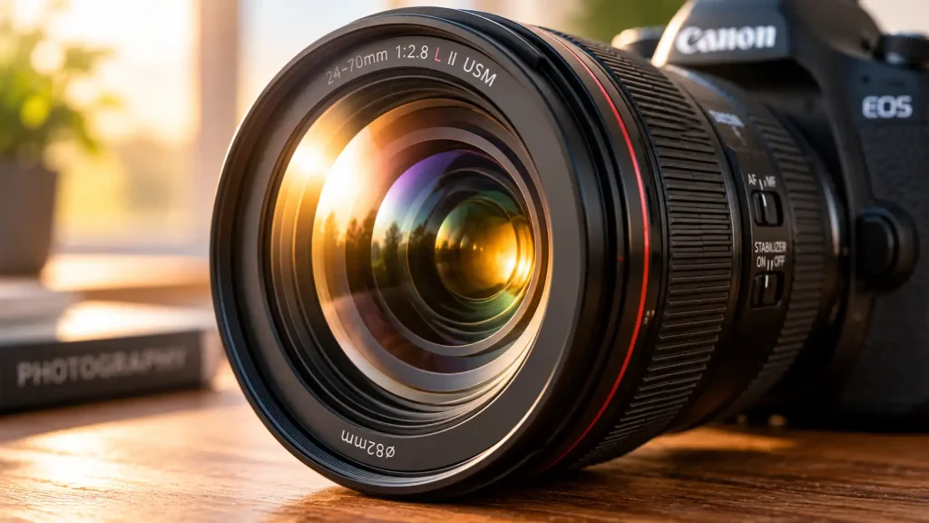 a large camera lens attached to a camera body.
