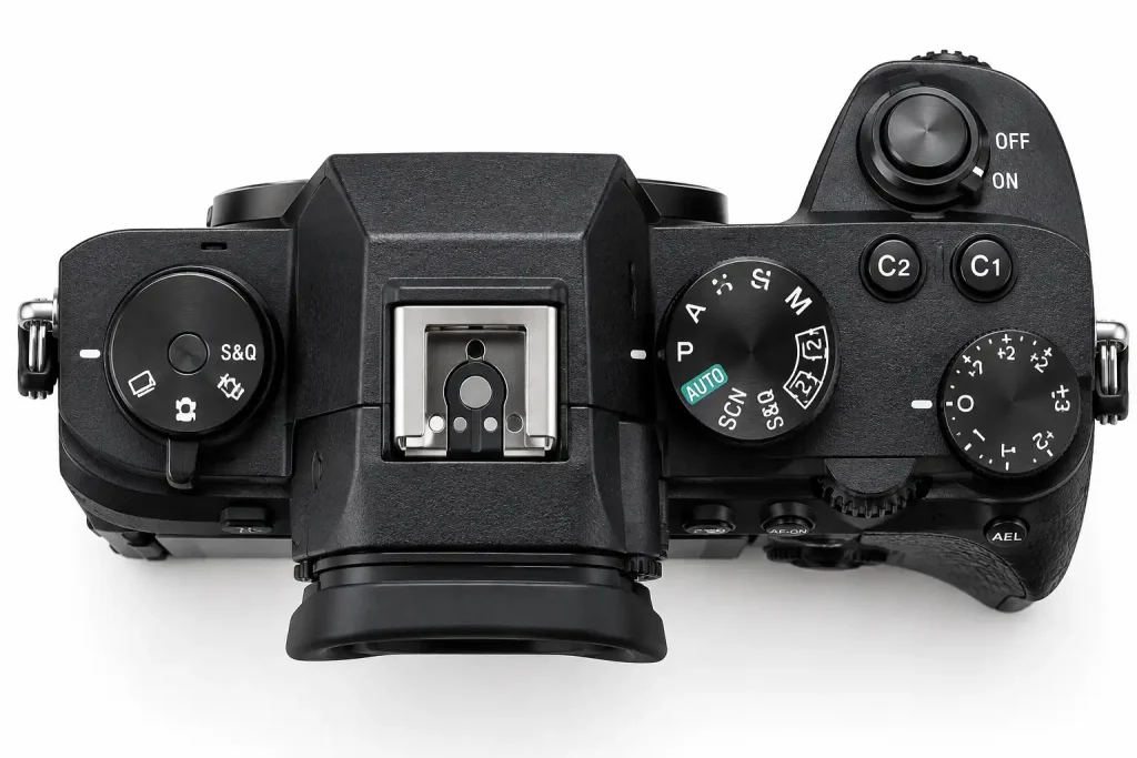 camera body top view showing dials and hot shoe