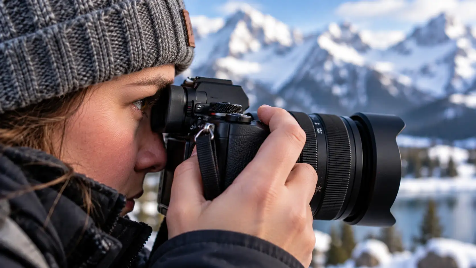 eye against a modern camera viewfinder.