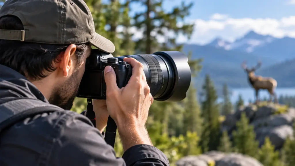 looking through the viewfinder of a mirrorless camera
