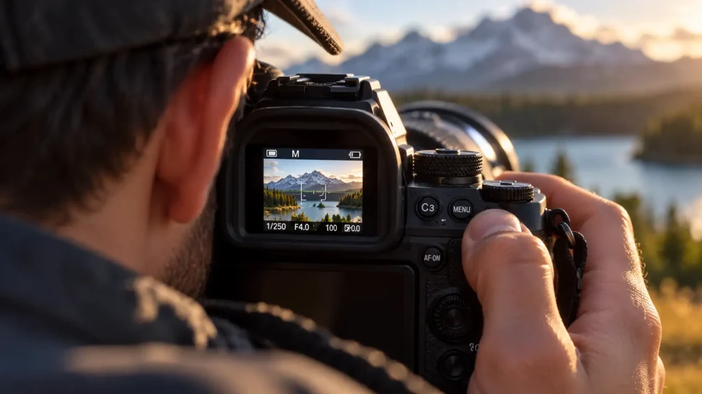  photographer looking through an electronic viewfinder of a mirrorless camera displaying aperture and shutter speed settings