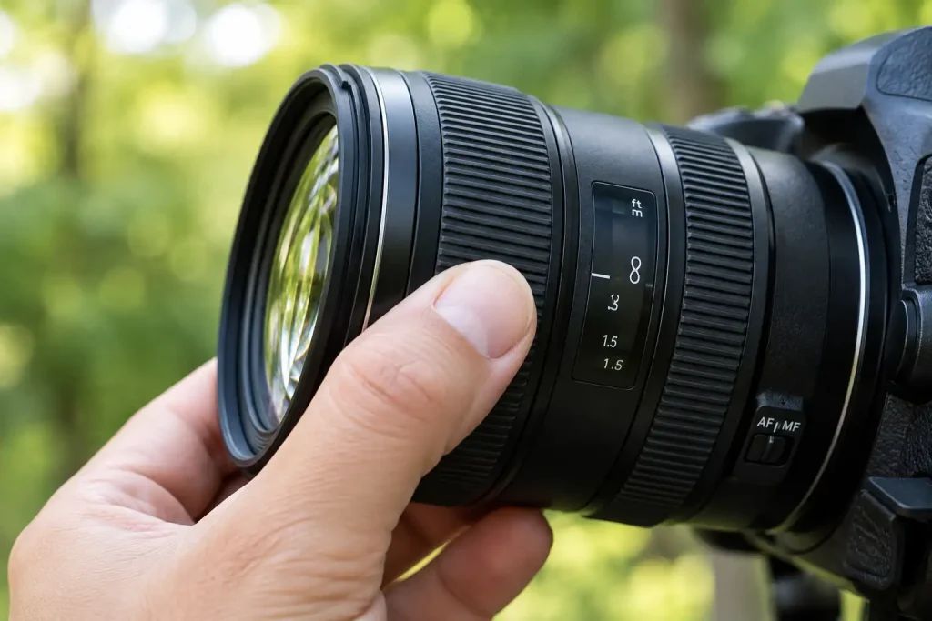 rubber focus ring on a black camera lens
