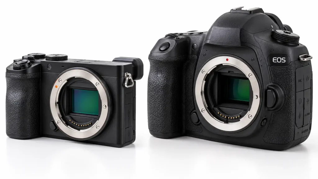slim mirrorless camera body sitting next to a thick, bulky DSLR camera body.