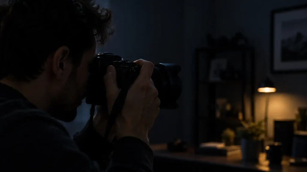 taking photos in a very dark, moody room.