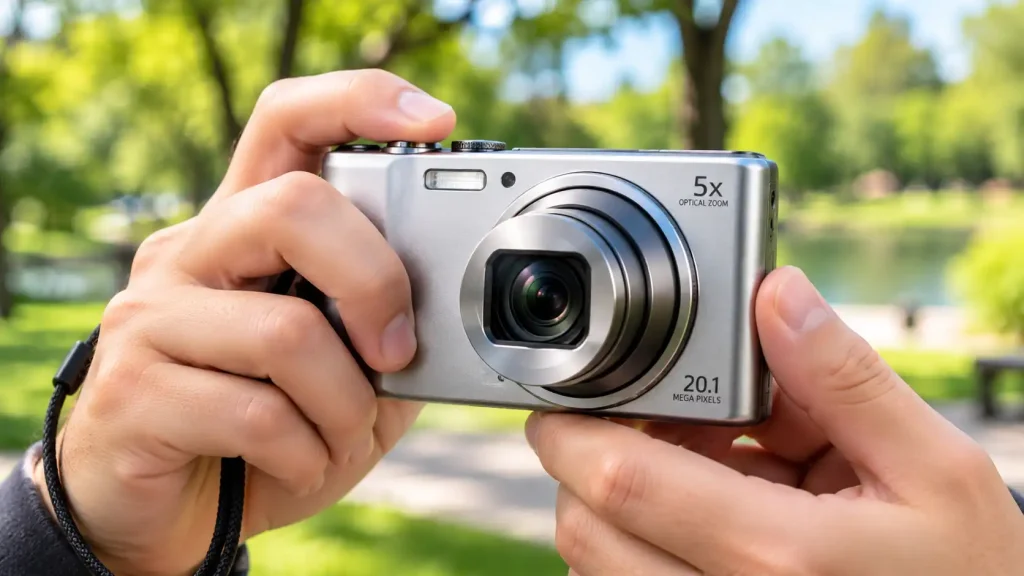 A point and shoot camera with its zoom lens fully extended.